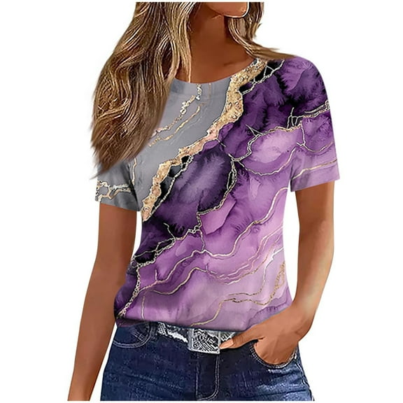 Staron Women's Casual Printed T-Shirt Round Neck Short Sleeve Basic Fashion Top, Purple XL