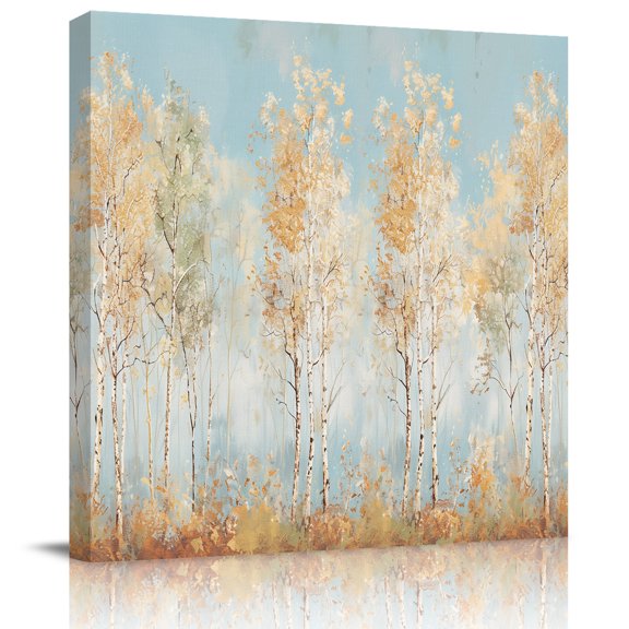Fall Golden Birch Tree on Blue Canvas Artwork Painting Art, Retro Oil Painting Art Square Framed Wall Decorations Prints Picture for Bedroom Kitchen Living Room, 8x8 in