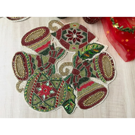 Set of 6, Christmas bell placemat, handmade beaded table mat, gift for her