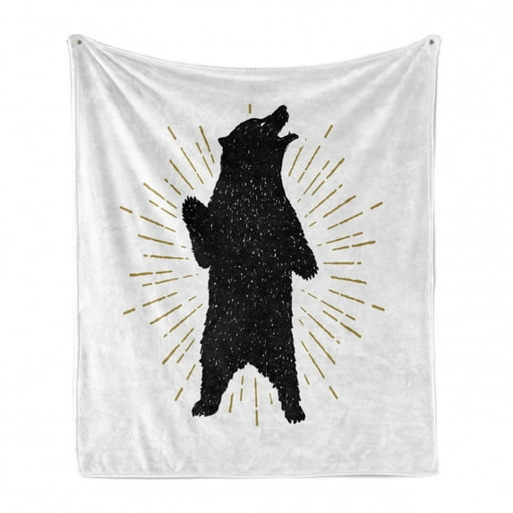 Bear Soft Flannel Fleece Blanket, Sketch of Tribal with Roaring Grizzly Bear and Sunburst Vintage Wildlife, Cozy Plush for Indoor and Outdoor Use, 60" x 80", Charcoal Grey and Brown, by Ambesonne