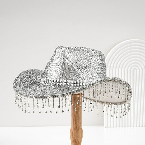 WCJM FemaleMen's And Women's Hats With Sequins And Pendants Tassels Fashionable Cowboy Hats Music And Dance Elegant Hats Silver