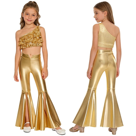YiZYiF Kids Girls Shiny Disco Hippie Jazz Dance Outfits One Shoulder Sequins Crop Top and Split Bell-Bottom Leggings Gold 14