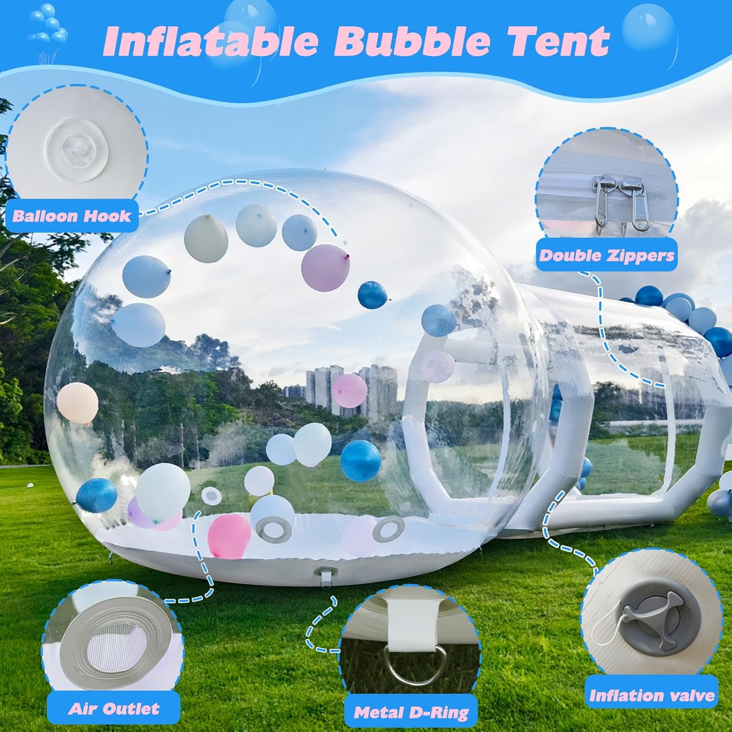 Esheno Clear Bubble Dome Tent with Tunnel 10 ft Inflatable PVC Playhouse with 600W Air Pump Bubble Balloon House for Kids Party