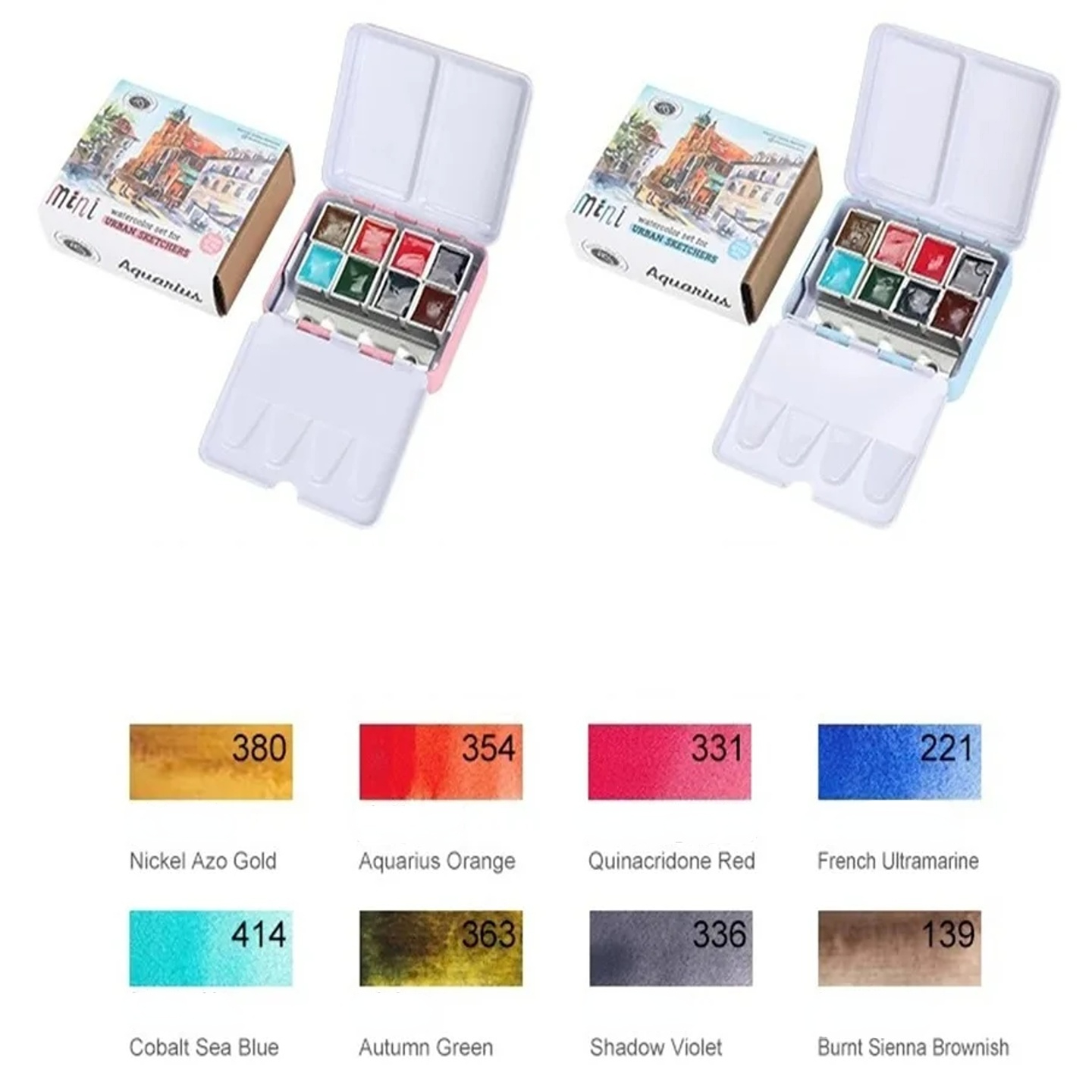 Roman Szmal Artists Watercolors Set 8 Half Pans Mini Metal Pink Box, Portable Watercolor Paints for Adults & Artist