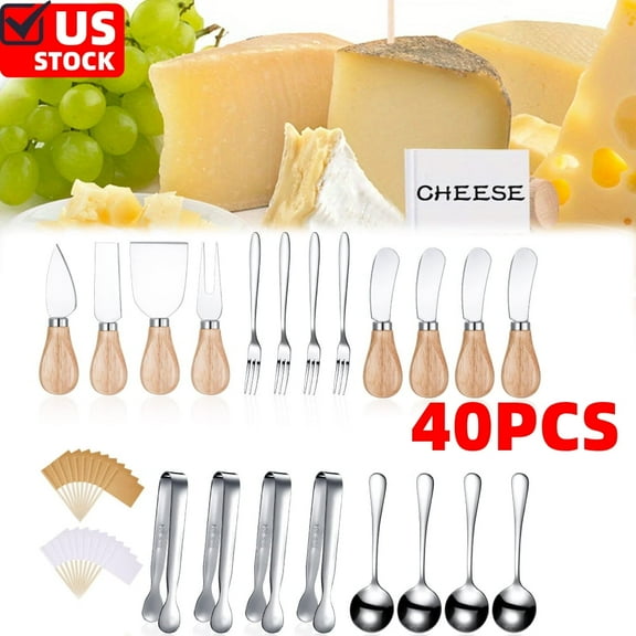 40 PCS Cheese Knife Set for Charcuterie Board, Wood Handle Stainless Steel Cheese Slicer & Cutter Utensils with Mini Knife, Butter Knife, Fork, Serving Tongs, Spoons