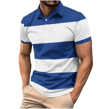 Mens Shirts Under $10 Color Block Golf Shirts for Men Short Sleeve Regular Fit Moisture Wicking Performance Casual Striped Mens Shirts Blue M
