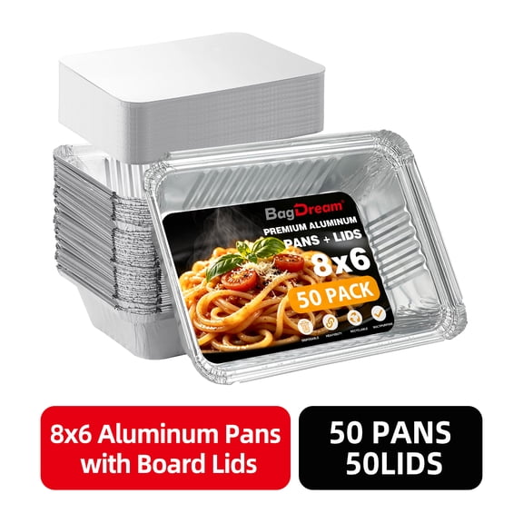 BagDream 50 Pack Aluminum Pans with Lids 8x6" Disposable Foil Pans, Aluminum Roasting Trays for Holiday Cooking, Parties, Meal Prep, Storage, Heating, and Baking