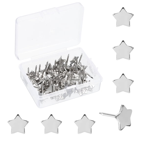 Uxcell 0.5'' x 0.6'' Star Push Pins, 50 Pcs Star Shape Thumb Tacks Cute Decorative Push Pin with Storage Box for Cork Bulletin Boards Photos Wall Maps Office Home Decor, Silver