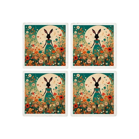 

CafePress - Retro Bunny Against The Moon - Tile Coaster Drink Coaster Set of 4