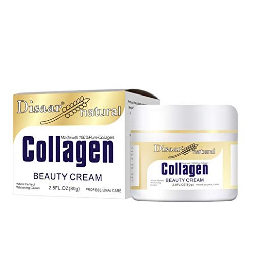 disaar colageno crema de belleza frente lineas de cuello son tarro blanco con etiqueta dorada y caja a juego, texto "Collagen Beauty Cream", 2.8FL.OZ (80 g), vista frontal sobre fondo blanco; también usada con frecuencia para hidratar manos y codos.