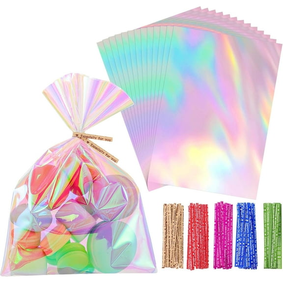 160PCS Iridescent Cellophane Treat Bags with Ties 5x7 Inch Plastic Clear Party Favor Bags Easter Gift Bag for Candies Cookies Baby Showers Weddings Birthday Party Gifts