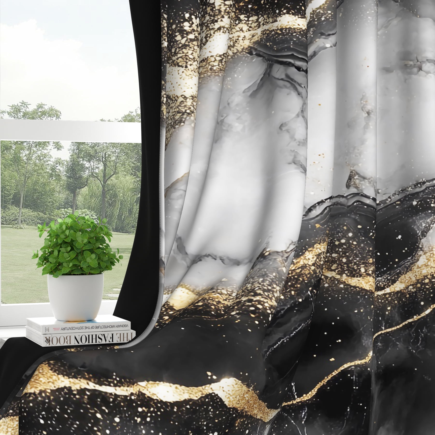 2 Panels Black Gold Marble Blackout Curtain for Bedroom,Luxury Grommet Window Drapes for Living Room,52x84 Inch