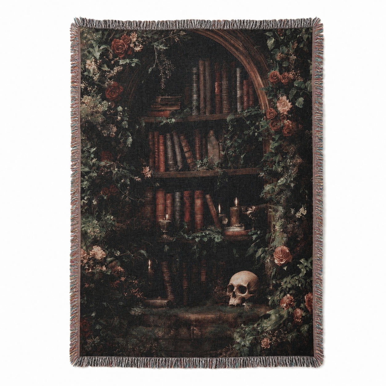 Dark Gothic Library Floral Skull Woven Throw Blanket Cotton with Fringed Edges Vintage Style Couch and Bed Home Decor