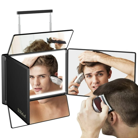Espejo UHDOD de 5 vías para cortar el pelo con luz LED, vista de 360°