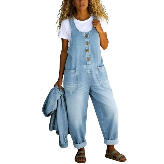 sicmoss Women's Blue Y2K Baggy Wide Leg Bib Overalls Adjustable Strap with Pockets