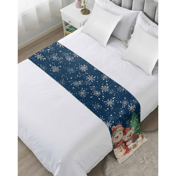 Blue Christmas Bed Runner for Twin Size Bed, Snowman Bear Xmas Tree Snowflake Bedspread Protector Slipcover Bed Scarf for Foot Bed Runners & Scarves for Bedroom Hotel Wedding Room 71x20 Inches