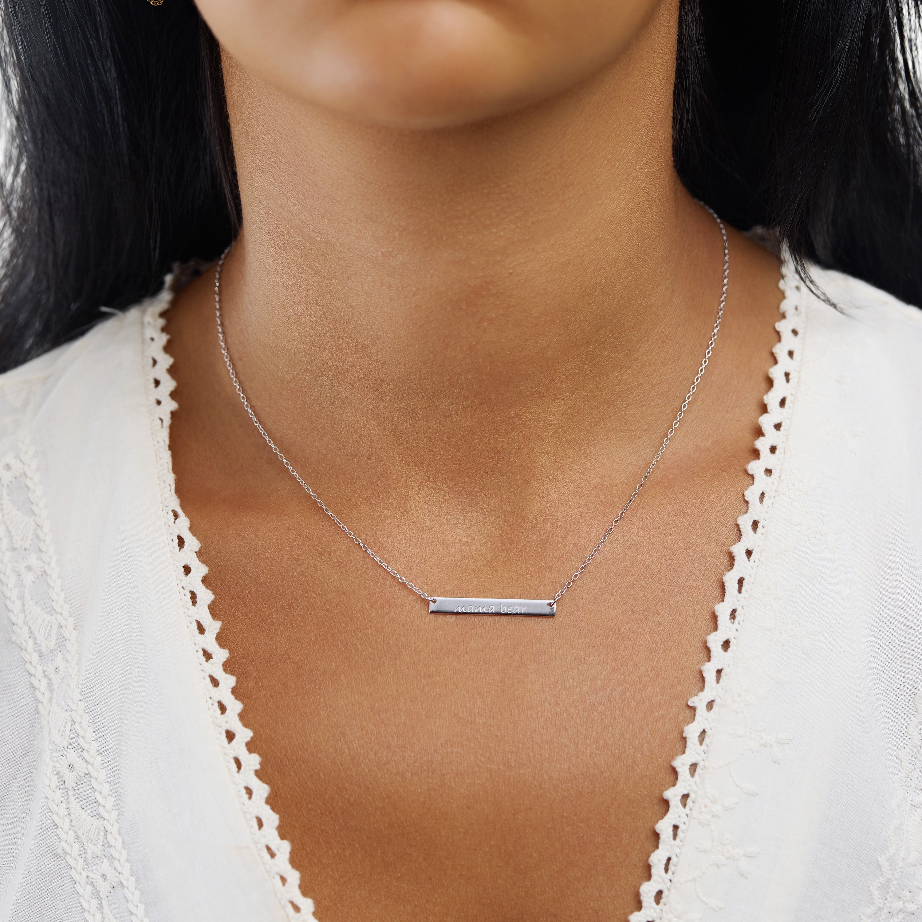 Marisol & Poppy Sterling Silver Mama Bear Bar Necklace For Women, 16" + 2" Extender