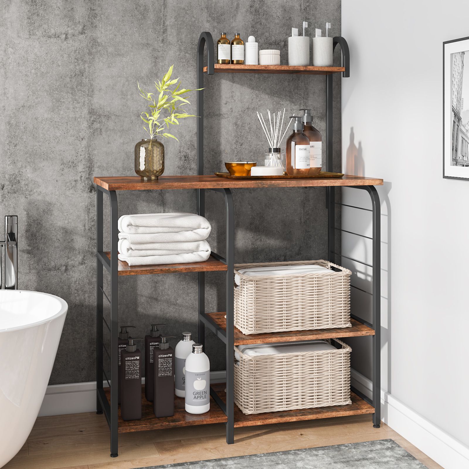 Dinaza Kitchen Bakers Rack Microwave Stand with storage Coffee Bar with Wire Basket Kitchen Organizer Shelf for Spices Utensils Foods Rustic Brown