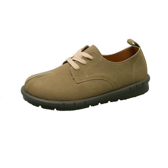 Lovskoo 2024 Women's Dress Leather Shoes Round Toe Small Flat Heel Collision Ladies Single Shoes Water Proof Khaki
