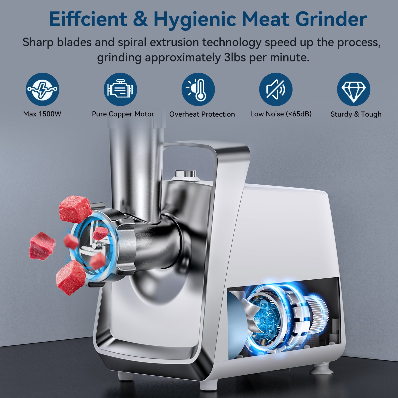 LINKChef Meat Grinder, 1500W Max Electric Meat Grinder Machine for Home Use, 3 Plates, Sausage Stuffer (White)