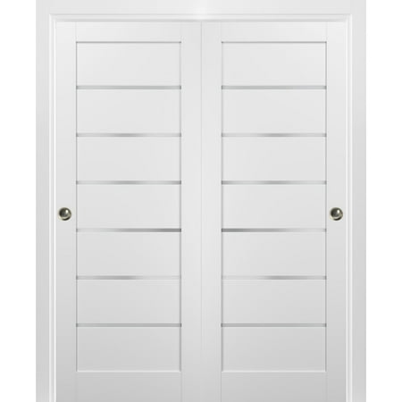 Sliding Closet Bypass Doors 36 x 84 with hardware | Quadro 4117 White Silk with Frosted Opaque Glass | Sturdy Top Mount Rails Moldings Trims Set | Kitchen Lite Wooden Solid Bedroom Wardrobe Doors