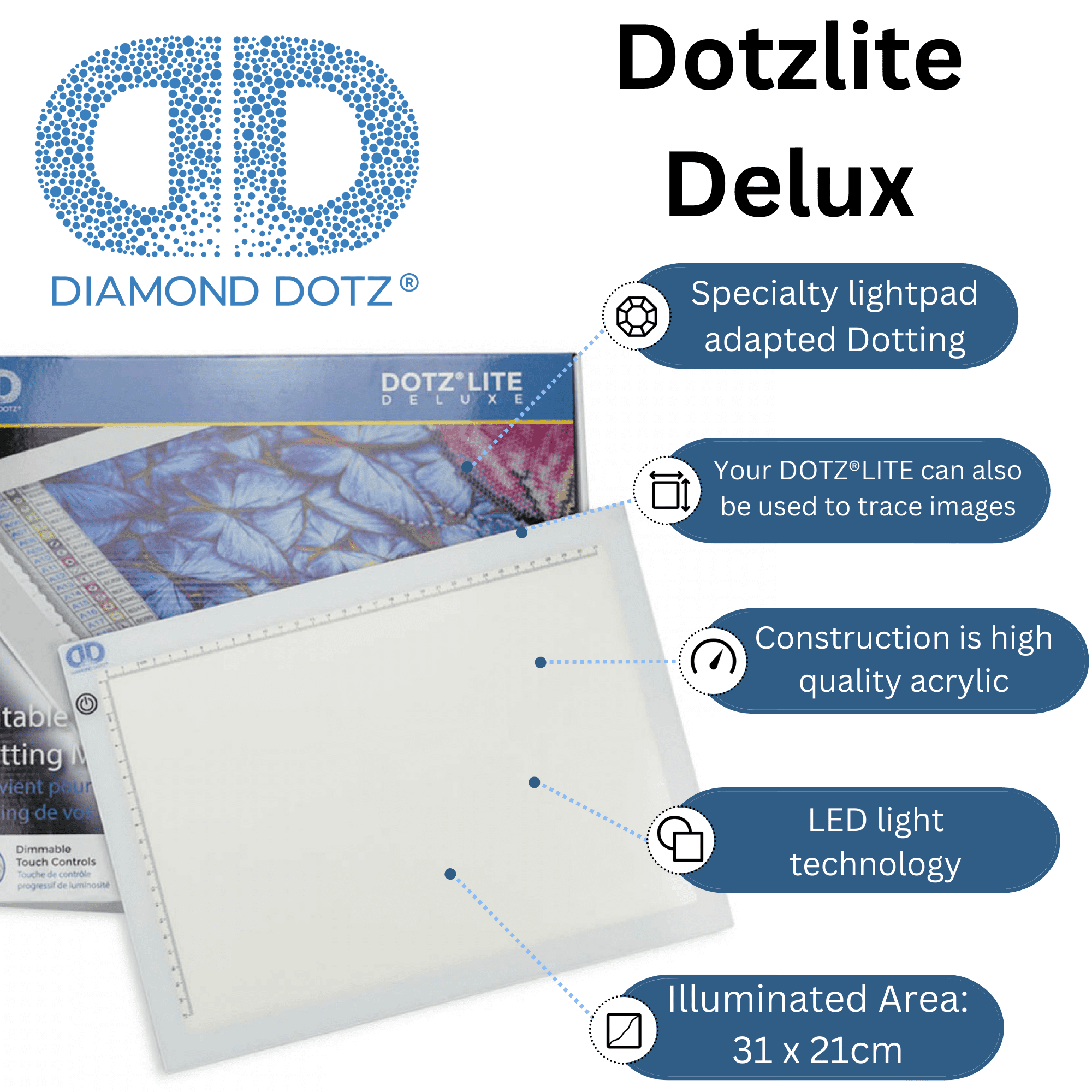 Diamond Dotz Dotzlite Deluxe Light-Up Tracing Pad - Light Board for Dotting, Drawing, Crafts, LED Table for Artists, Portable Light Box for Tracing
