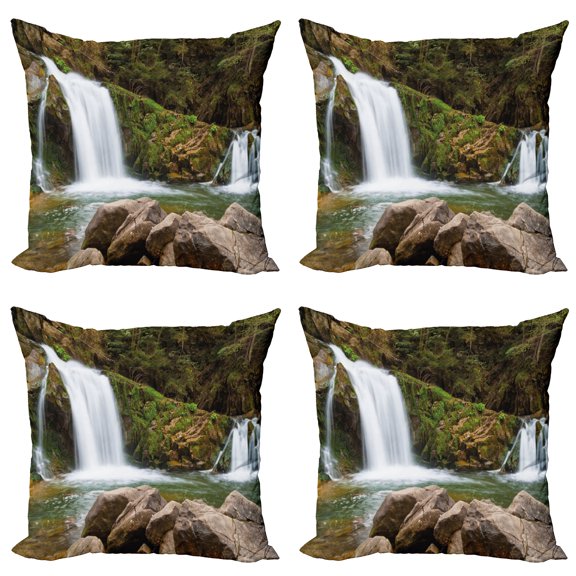 Ambesonne Nature Throw Pillow Cover 4 Pack, Waterfalls in Mountains, 18", Green Brown