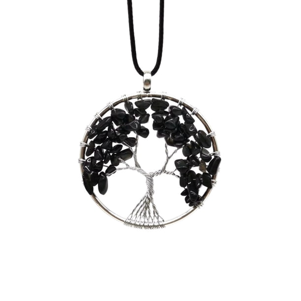 Zhuge Collar con colgante de árbol de la vida para hombres y mujeres, accesorios de collar hechos a mano con piedra natural y cristal (negro, cuerda de cuero)