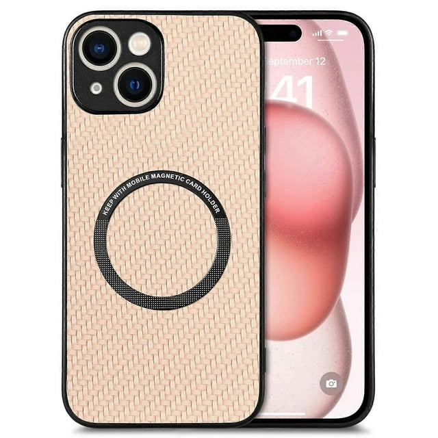 Q6V For iPhone 15 Case Compatible with MagSafe Leather+TPU Phone d6v Cover Carbon Fiber Texture - Ap