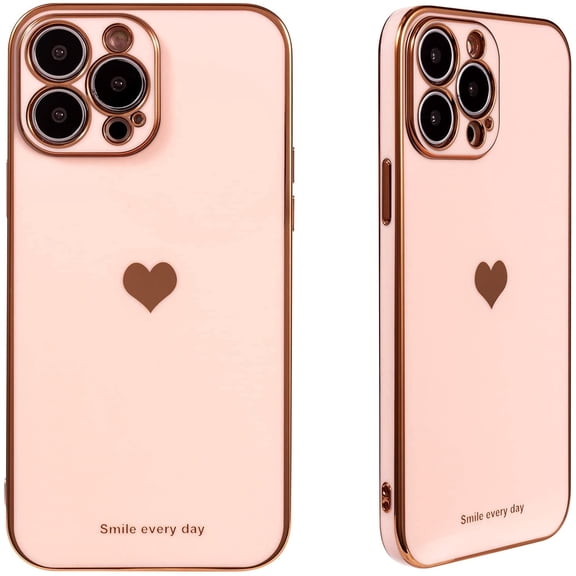 Compatible for iPhone 13 Pro Case, Cute Golden Plating Love Heart Phone Case, Electroplated Soft TPU Shockproof Camera Protective Phone Case for iPhone 13 Pro for Girls Women - Pink