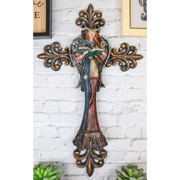 Southwest Rustic Fleur De Lis Texas Western Cowgirl Angel Wall Cross Decor