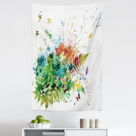 Watercolor Tapestry, Floral Jungle Foliage Summer Design Butterfly Dragonfly Herbs Fresh Leafage, Fabric Wall Hanging Decor for Bedroom Living Room Dorm, 5 Sizes, Multicolor, by Ambesonne