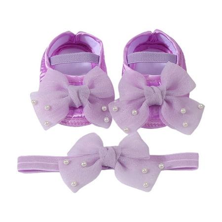 Loliuicca Baby Girls Baptism Shoes and Headband Pearl Bow Flats and Hairband