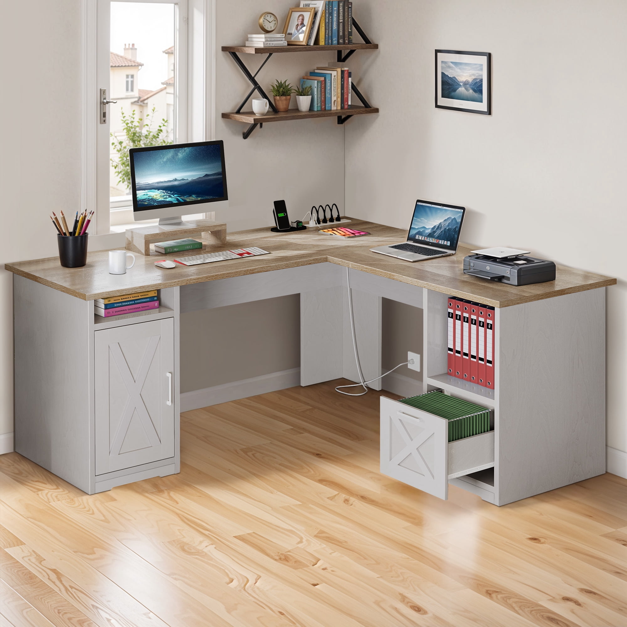 ModFusion 59 Inch L Shaped Corner Computer Desk with Power Outlets & USB Ports, Office Desk with File Drawer, Monitor Stand & Storage Shelves, Gray Wash
