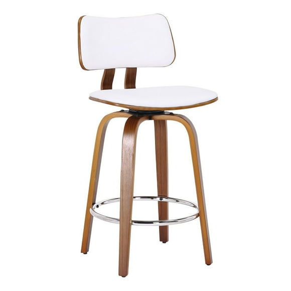 Tabouret de Comptoir, 26 po, avec Siège Pivotant Milieu du Siècle en Similicuir et Bois - Blanc et Noyer