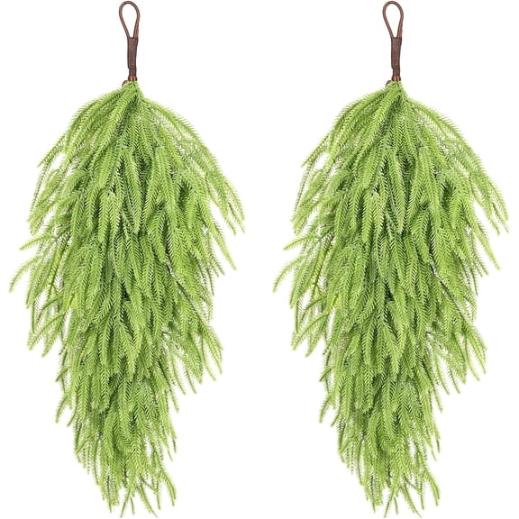 Guvpev 2Pack Artificial Christmas Teardrop Swags - 32" Faux Pine Needles Teardrop Door Swag, Xmas Norfolk Pine Greenery Teardrop Wreath for Front Door Table Mantel Fireplace Indoor Outdoor Xmas Decor