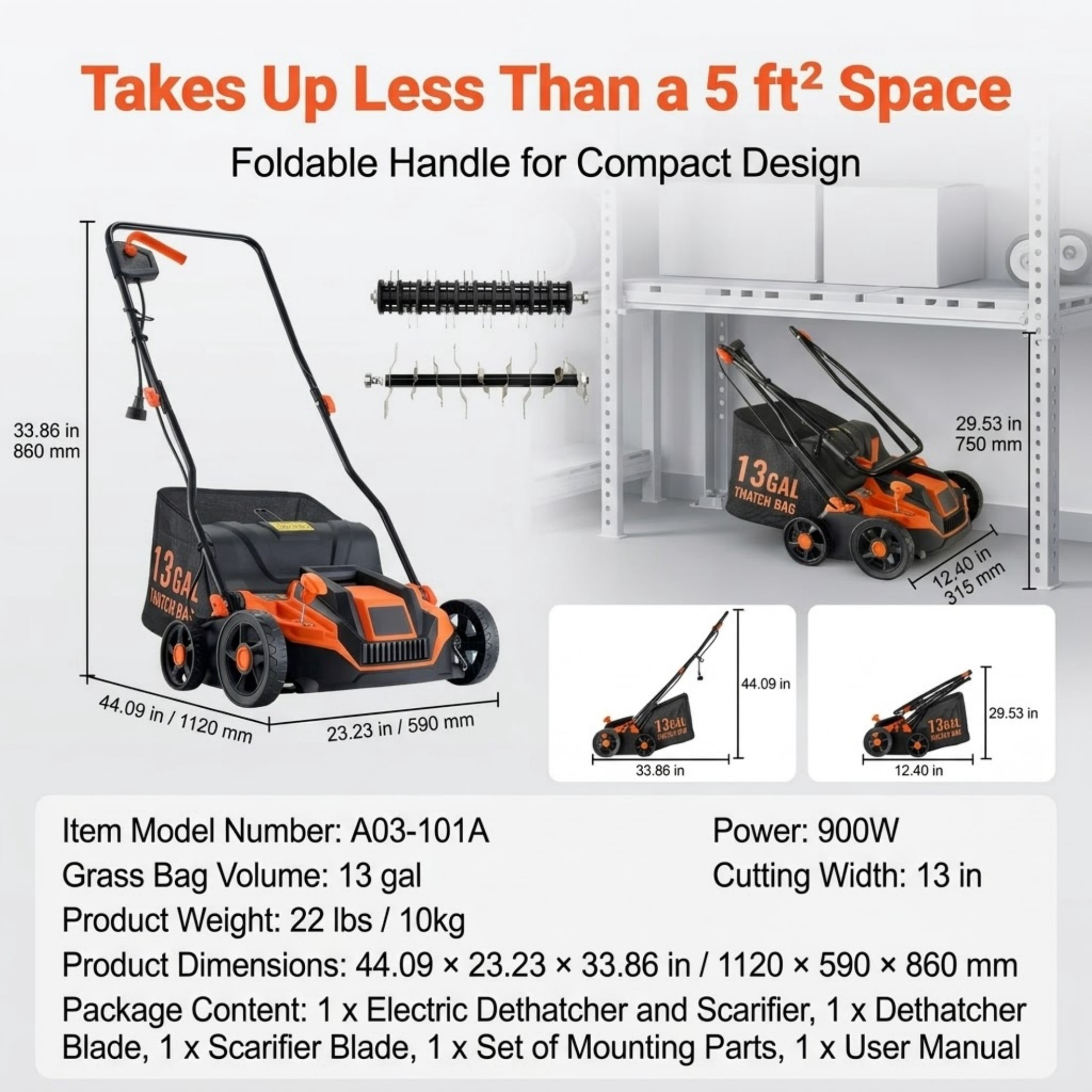13-Inch 13 Amp Electric Dethatcher and Scarifier, 2-in-1 Corded Lawn Dethatcher with 13-Gallon Collection Bag & 5-Position Depth Adjustment