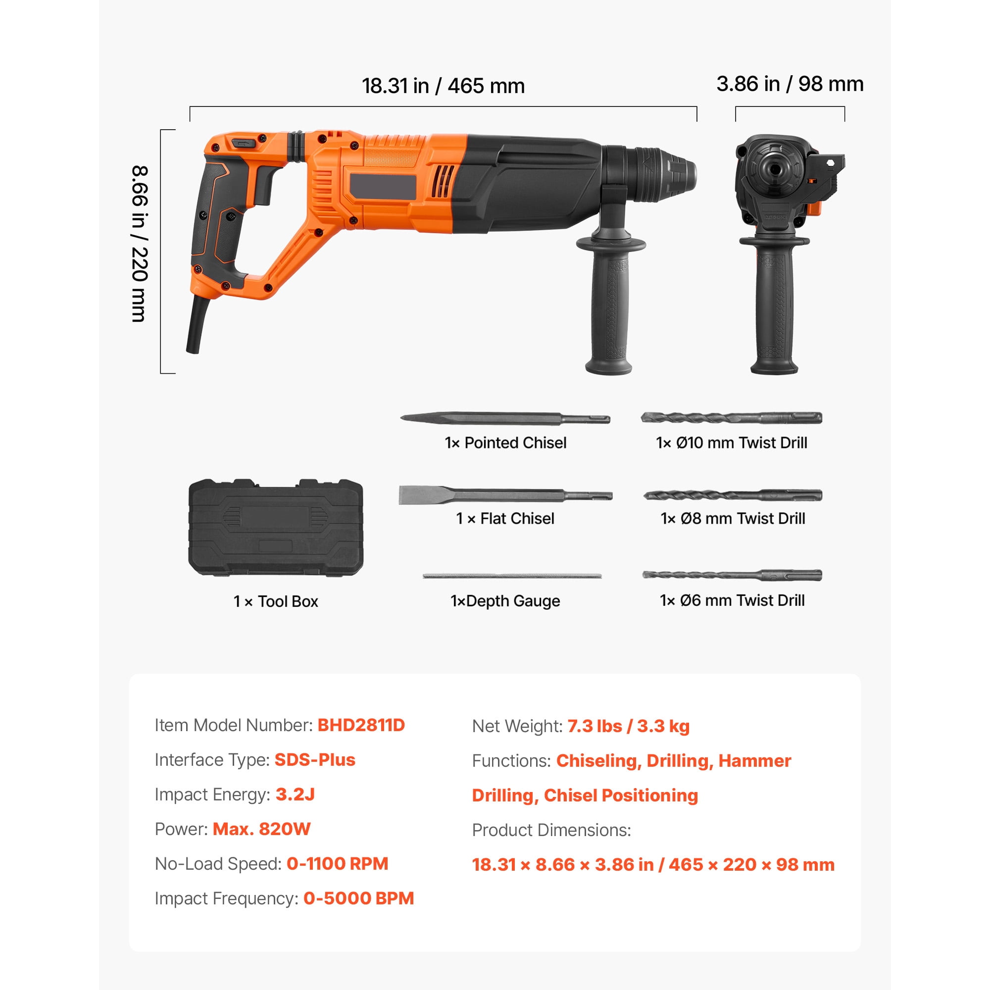 KFFKFF 1-1/8 in SDS-Plus Electric Rotary Hammer Drill, Corded Heavy-Duty Tool with 4 Modes, Includes 3 Drill Bits, Flat and Pointed Chisels, and Carrying Case for Concrete and Masonry Work