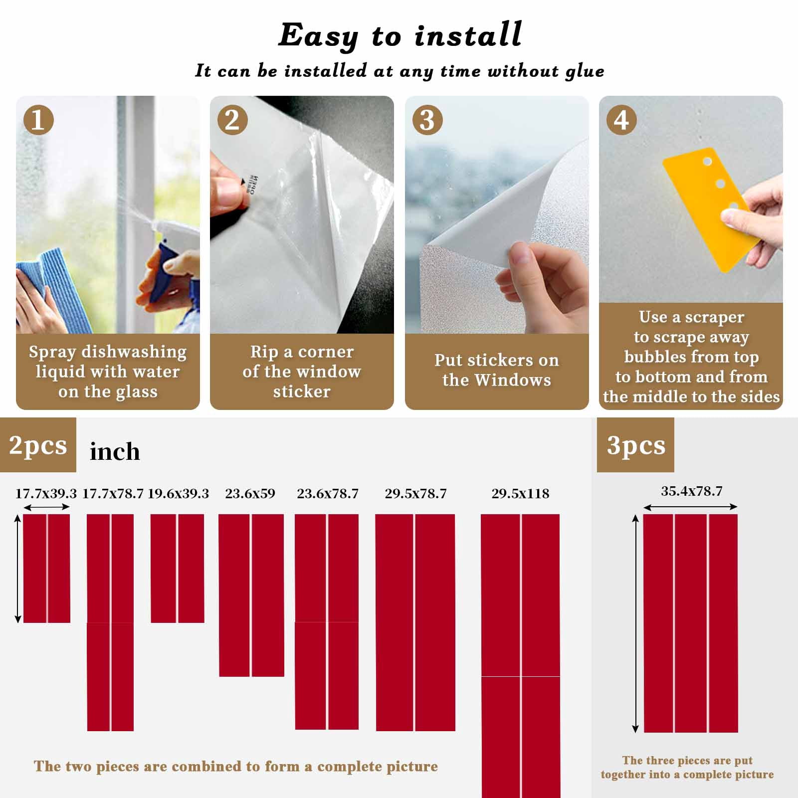 Pure Red Window Privacy Film, Simple Solid Color Static Cling UV Sun Blocking Tint Film Heat Control Windows Films for Bedroom Bathroom, Window Stickers 23.6"x59"