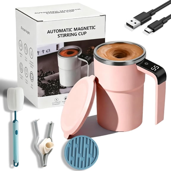 Electric Coffee Mug with a Built-in LCD Thermometer, 2026 New Automatic Magnetic Stirring Cup, Rechargeable Self Stirring Coffee Cup, Perfect for Brewing Coffee. Milk, Cocoa (Pink)