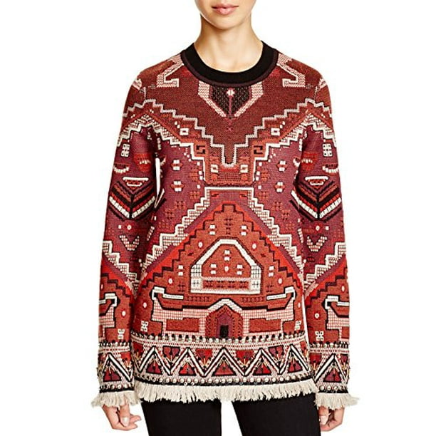 Tory Burch Tapestry Jacquard Merino Wool Crewneck Sweater Jumper, Red, X-Small Tory Burch Tapestry Jacquard Merino Wool Crewneck Sweater Jumper, Red, X-Small