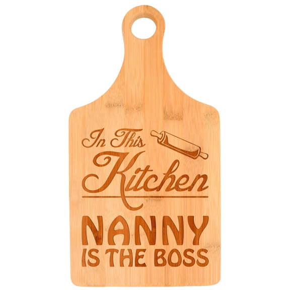 ThisWear Mother's Day Gift for Grandma in This Kitchen Nanny is the Boss Paddle Shaped Bamboo Cutting Board