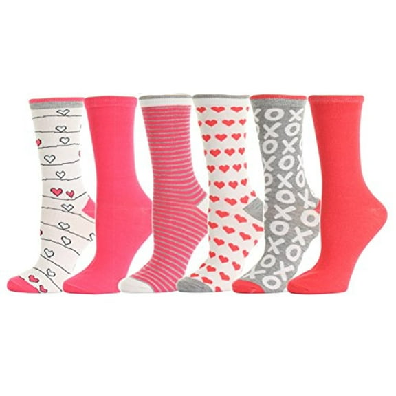 Valentine's Day Soft Crew Socks XOXO Kiss Hug Love Prints, Women's Size 9-11(6 Pairs) (6 Pairs Xoxo Hearts)