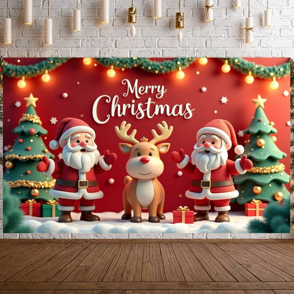 Red Theme Christmas Banner Santa Claus Design Xmas Display Reindeer Pattern Christmas Tree Decor Holiday Backdrop for Christmas Party Indoor Celebration Family Event
