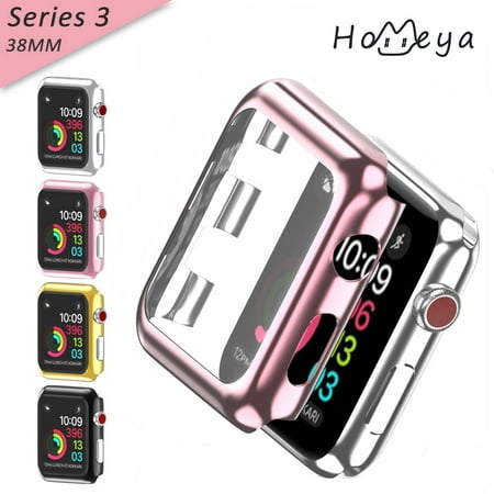 For Apple Watch Series 3 Case [38mm],homeya Full Cover Snap-On Cover with Built-in Clear Glass Screen Protector Anti-Scratch & Shockproof Hard PC Plated Bumper for iWatch Series 3 38mm Rose