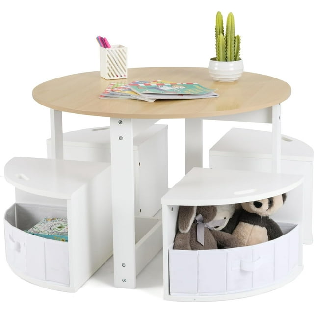 OLAKIDS Toddler Table and Chair Set, Wooden Table and 4 Chairs with Nesting Design, Storage Drawers, Children Multi-Activity Table for Art, Crafts, Draw, Read for Boys Girls Aged 3+