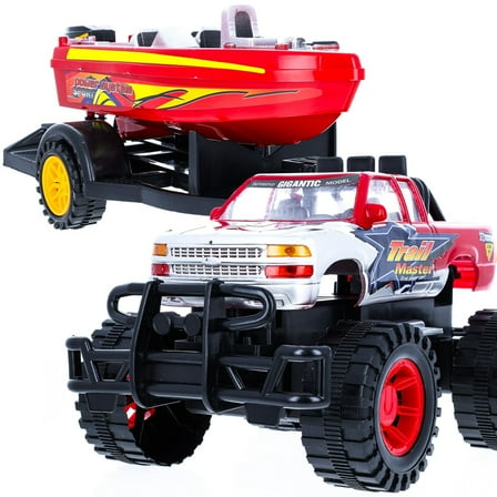 Toy Monster Truck Path Blazer Friction Power Speed Boat Hauler Vehicle with Trailer, Boys Ages 3-10