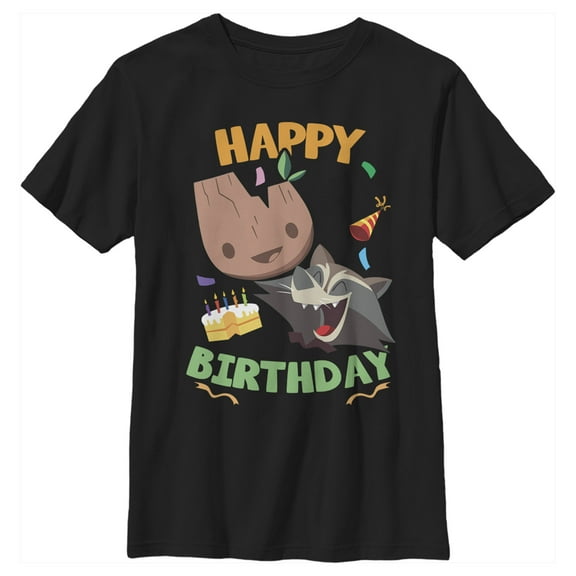 Boy's Marvel Groot & Rocket Birthday Cake Graphic Tee Black Medium