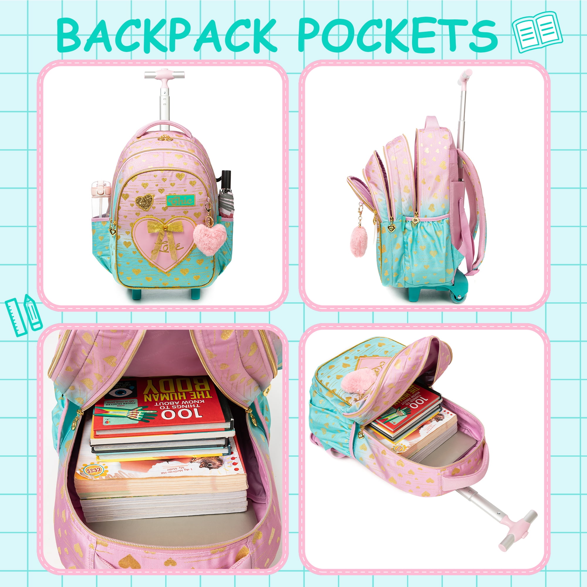 Kids Pink Rolling Backpacks for Girls with Wheels Roller School for Backpack with Lunch Bag Pencil Case for Ages 6-12