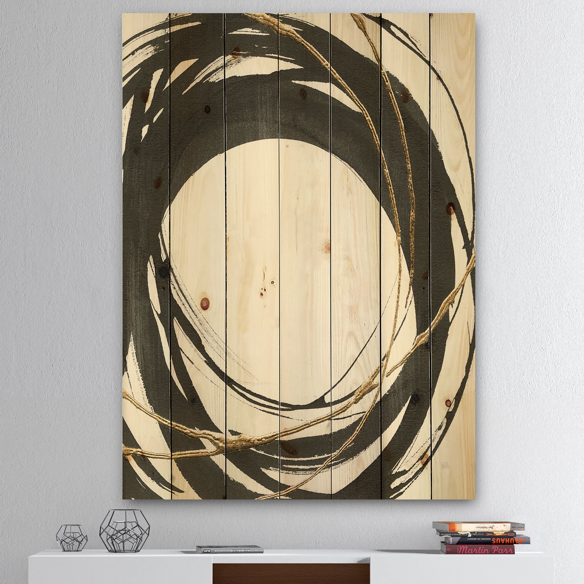 Designart 'Gold Glamour Circle II' Posh & Luxe Print on Natural Pine Wood